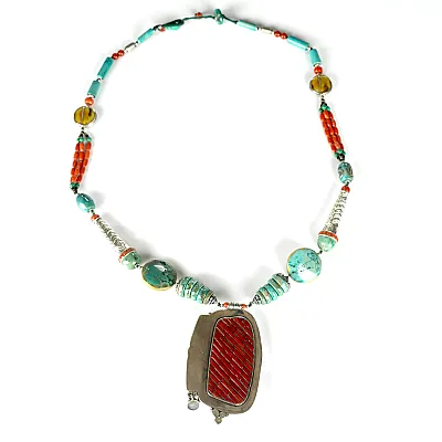 Colier Nepal placa turcoaz corale Argint - 2