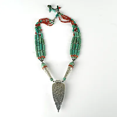 Colier Nepal pandant dzi turcoaze.corale Argint - 3