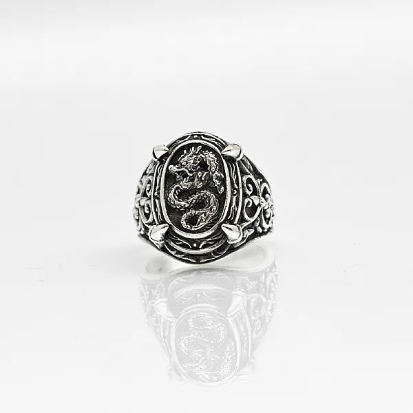 Inel oval gheare dragon Argint