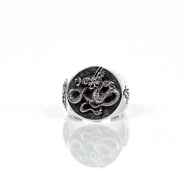 Inel rotund dragon mandala Argint
