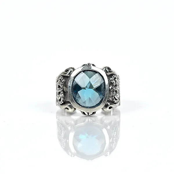 Inel oval coroane zirconiu bleu Argint