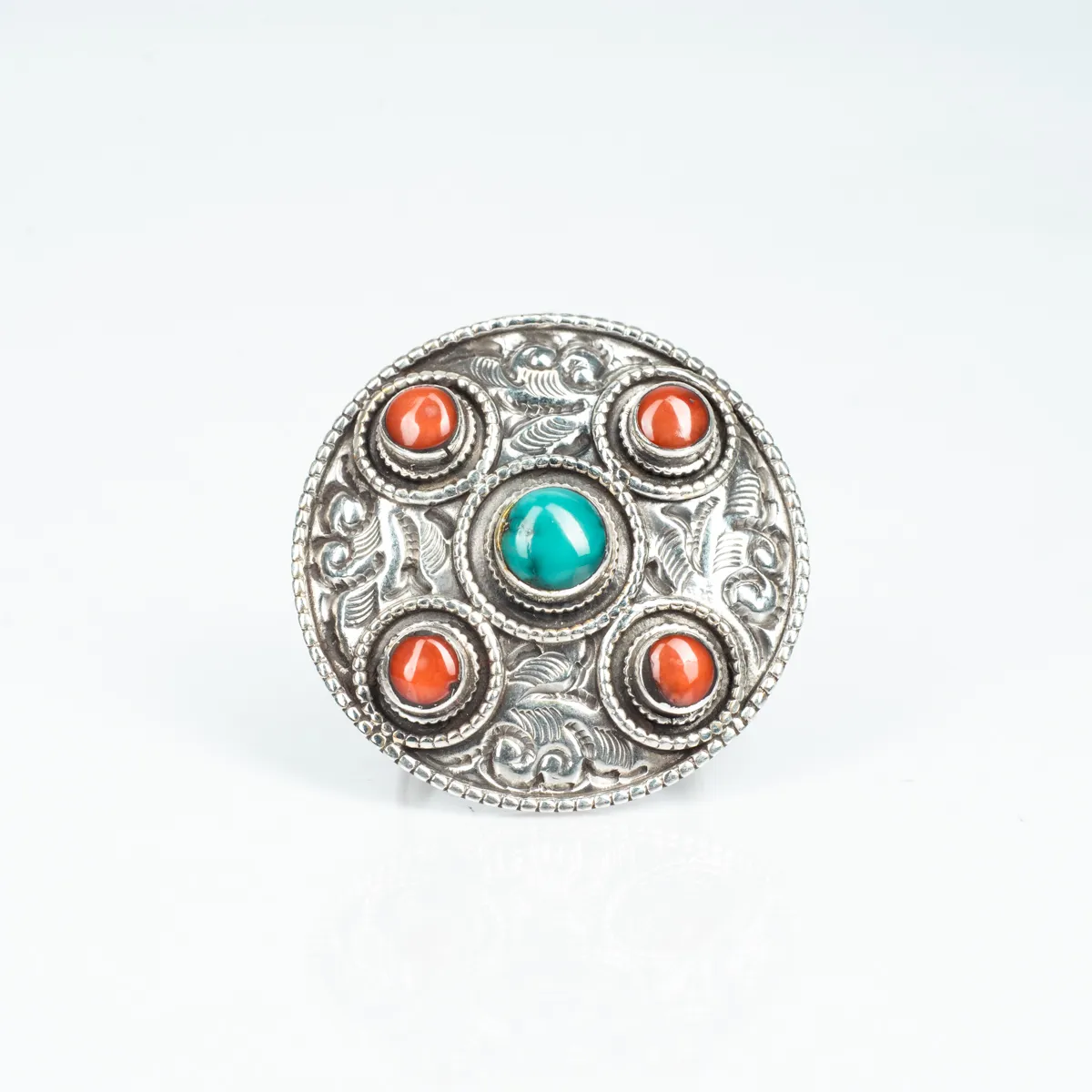 Inel Nepal rotund decor corale-turcoaze Argint