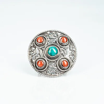 Inel Nepal rotund decor corale-turcoaze Argint - 1