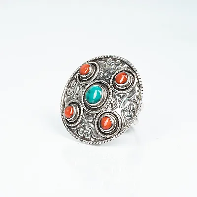 Inel Nepal rotund decor corale-turcoaze Argint - 5
