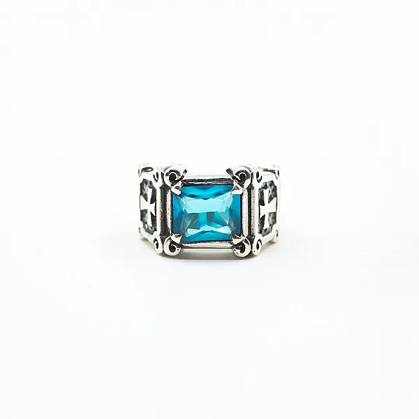 Inel gotic cruci zirconiu bleu Argint