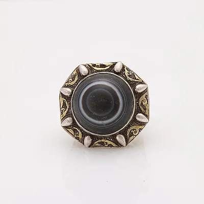 Inel Afghan rotund agat bombat Argint - 1