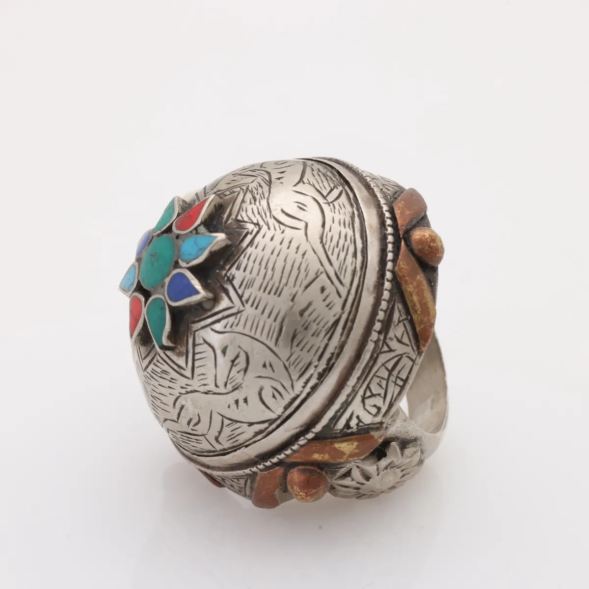 Inel Afghan masiv floare multi.pietre Argint