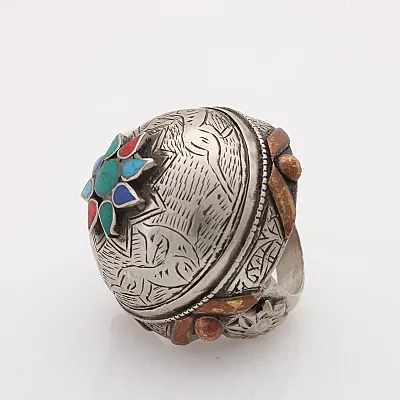 Inel Afghan masiv floare multi.pietre Argint - 2