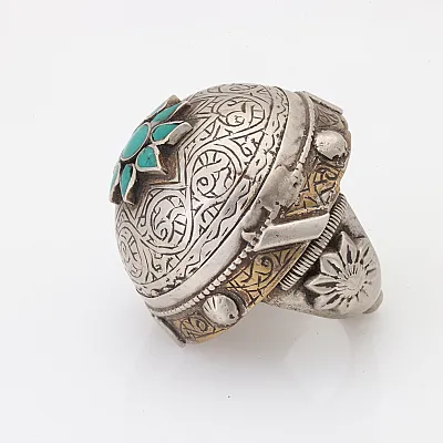 Inel Afghan masiv floare turcoaze Argint - 4