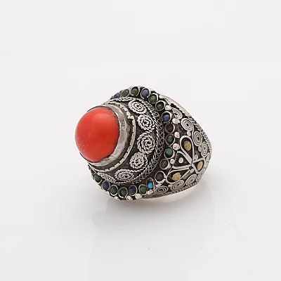 Inel Afghan conic coral cercuri Argint - 2