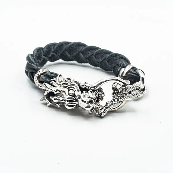 Bratara piele cap de dragon L Argint