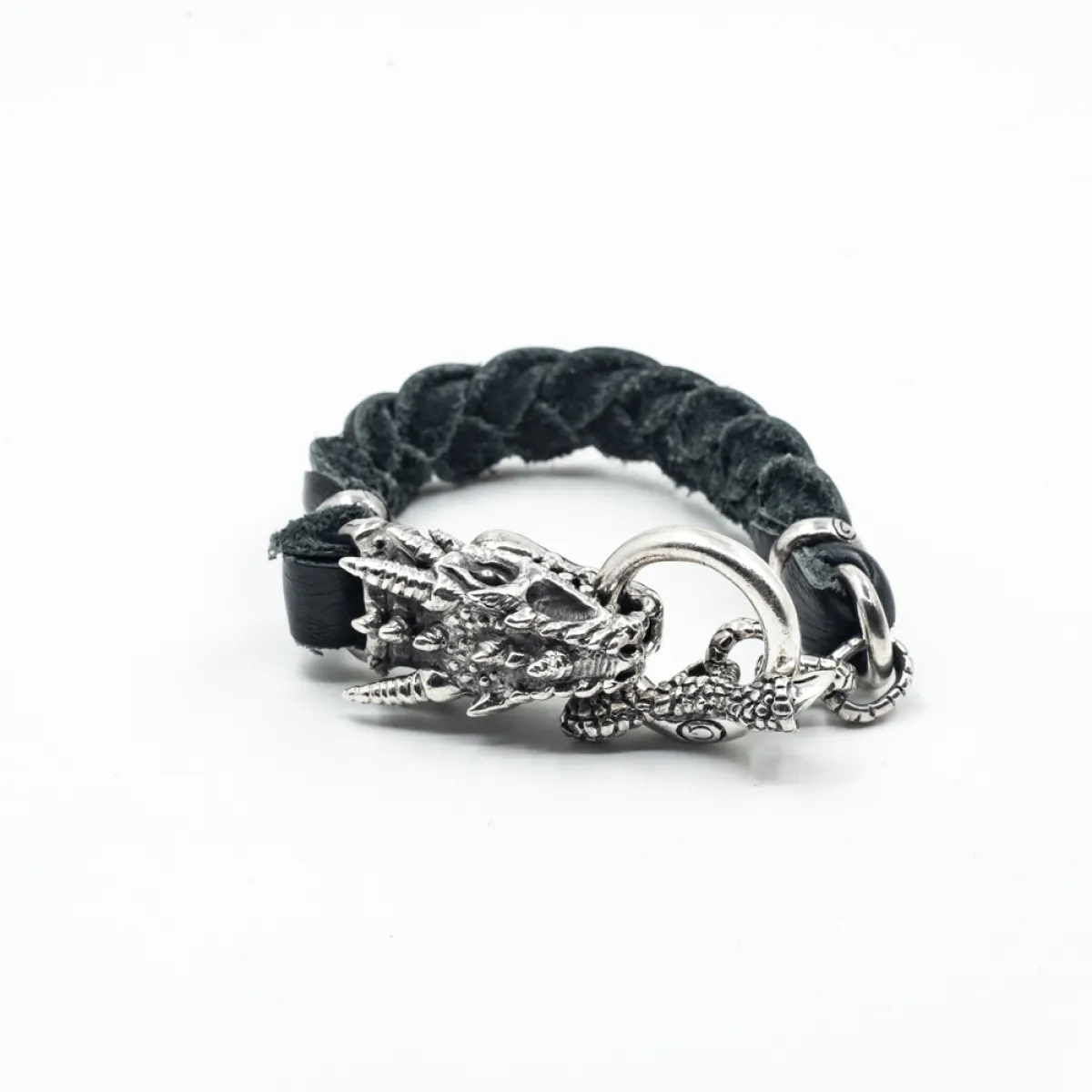 Bratara piele cap de dragon XL Argint