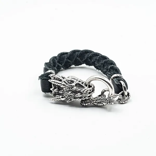 Bratara piele cap de dragon XL Argint