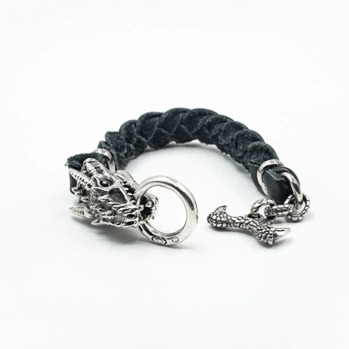 Bratara piele cap de dragon XL Argint
