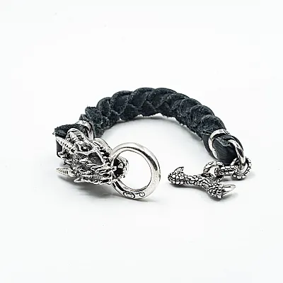 Bratara piele cap de dragon XL Argint - 4