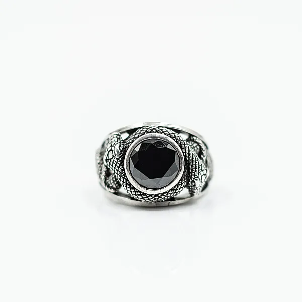 Inel rotund sarpe c.z negru Argint