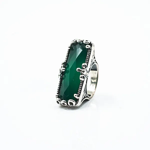 Inel dreptunghiular agat verde Argint