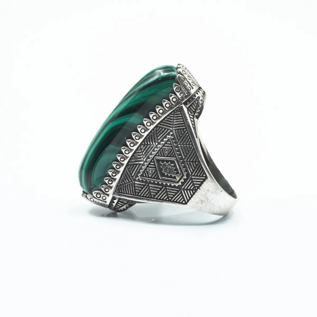 Inel dreptunghiular oval malachit Argint