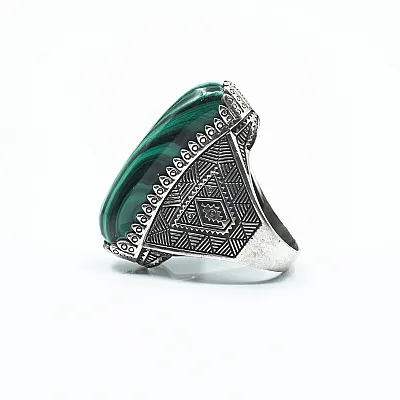 Inel dreptunghiular oval malachit Argint - 3