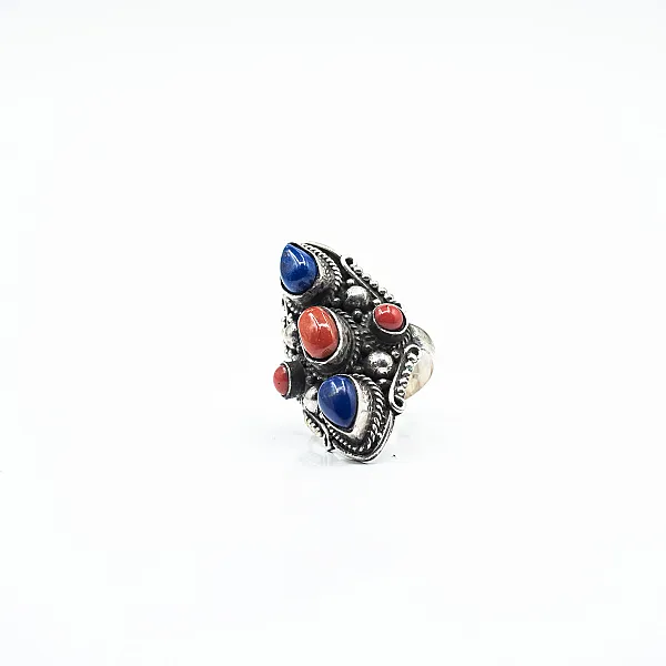 Inel lung ascutit buline coral-lapis Argint