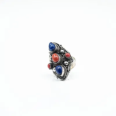 Inel lung ascutit buline coral-lapis Argint - 1