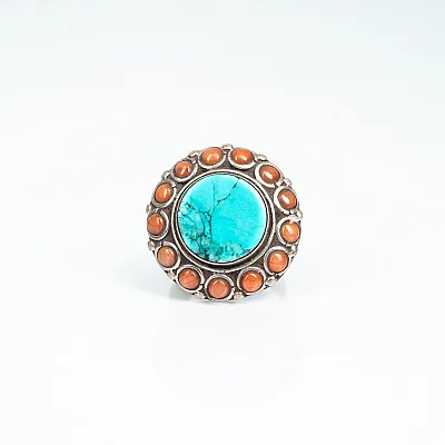 Inel Nepal rotund coral-turcoaza Argint - 1