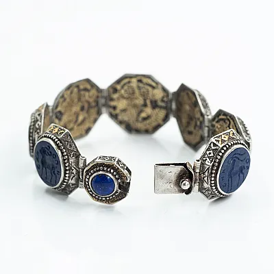 Bratara Afghana rotunda lapis lazuli cornute Argint - 3