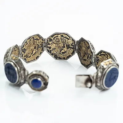 Bratara Afghana rotunda lapis lazuli cornute Argint - 4