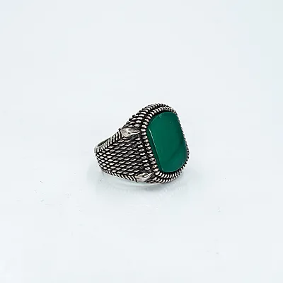 Inel dreptunghiular buburuze agat verde Argint - 5