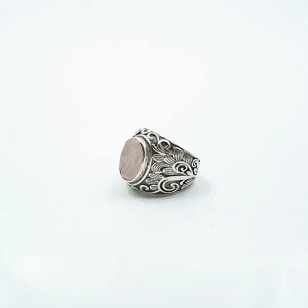 Inel oval broderie florala cuarz roz Argint