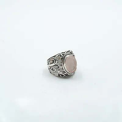 Inel oval broderie florala cuarz roz Argint - 4
