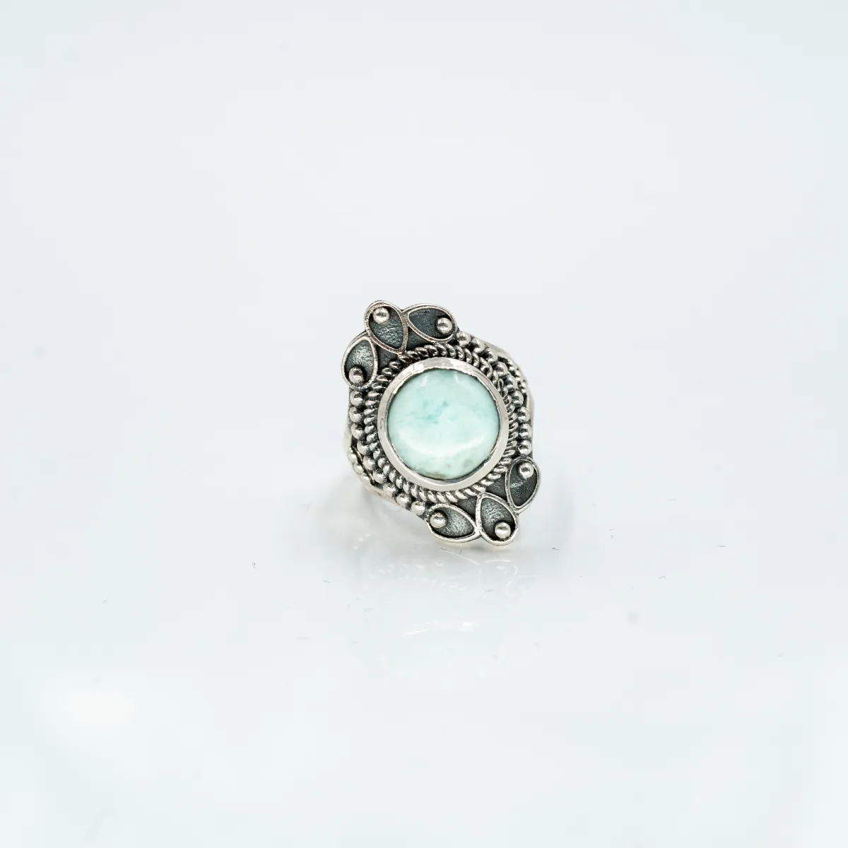 Inel piatra rotunda decor larimar Argint