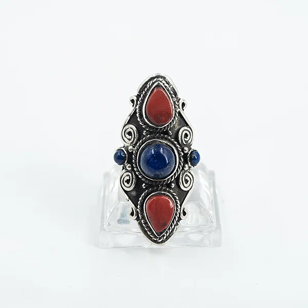 Inel lung ascutit spirale coral-lapislazuli Argint