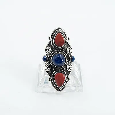Inel lung ascutit spirale coral-lapislazuli Argint - 1