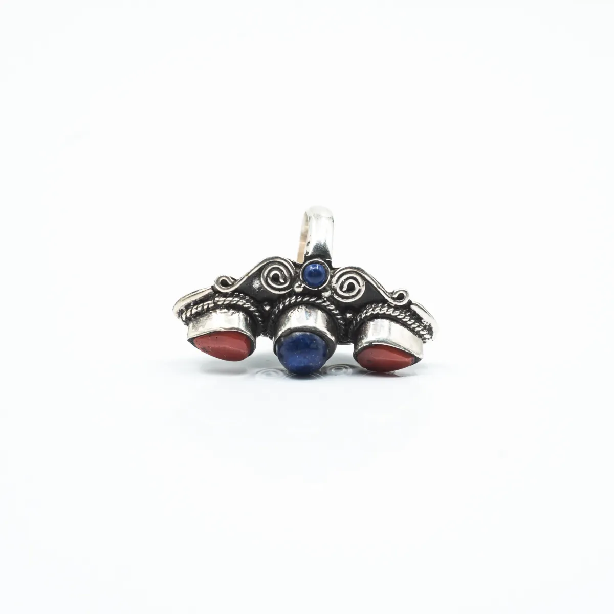 Inel lung ascutit spirale coral-lapislazuli Argint