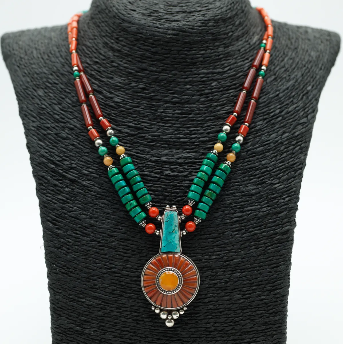 Colier Nepal soare coral chihlimbar Argint