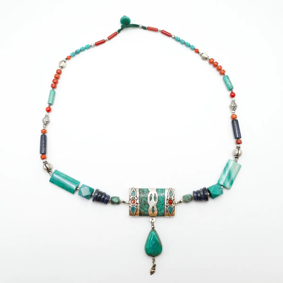 Colier Nepal dreptunghi turcoaz-corale-lapis Argint