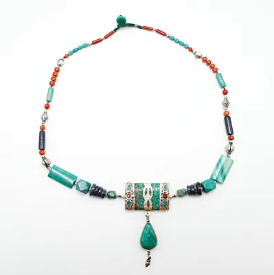 Colier Nepal dreptunghi turcoaz-corale-lapis Argint - 2