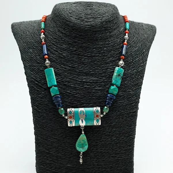 Colier Nepal dreptunghi turcoaz-lapis Argint