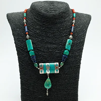 Colier Nepal dreptunghi turcoaz-lapis Argint - 1