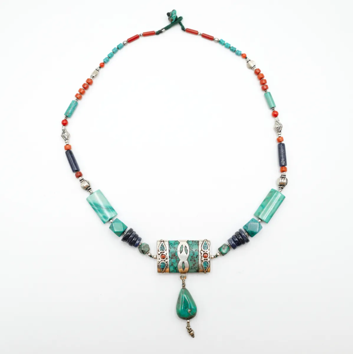 Colier Nepal dreptunghi turcoaz-corale-lapis Argint