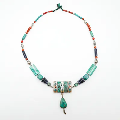 Colier Nepal dreptunghi turcoaz-corale-lapis Argint - 3