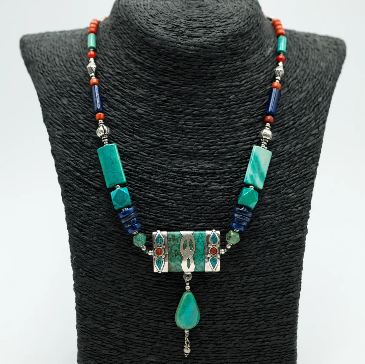 Colier Nepal dreptunghi turcoaz-corale-lapis Argint