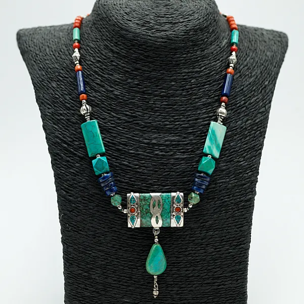 Colier Nepal dreptunghi turcoaz-corale-lapis Argint