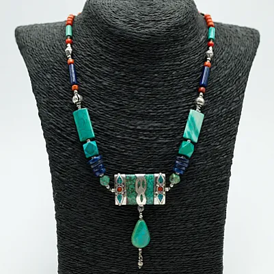 Colier Nepal dreptunghi turcoaz-corale-lapis Argint - 1