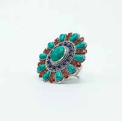 Inel oval floare India turcoaz-carneol Argint - 2
