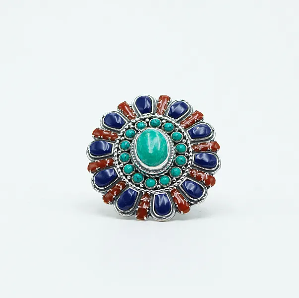 Inel oval floare India turcoaz-lapis Argint