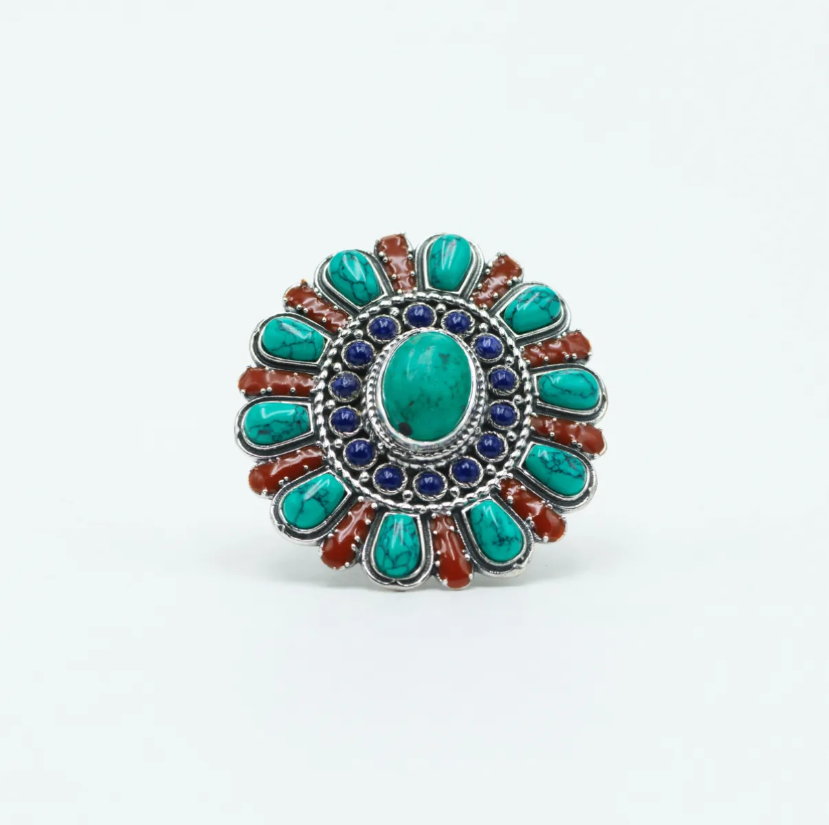Inel oval floare India turcoaz-carneol Argint