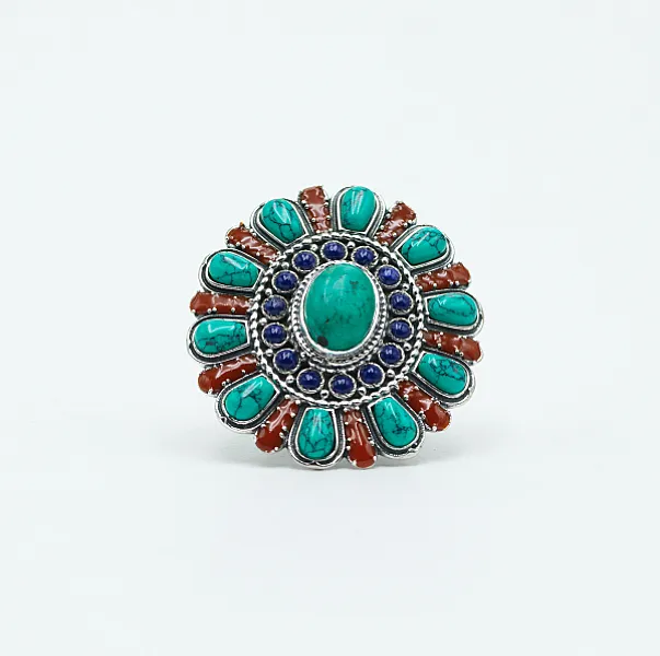 Inel oval floare India turcoaz-carneol Argint