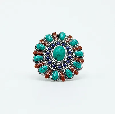 Inel oval floare India turcoaz-carneol Argint - 1